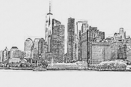 水彩黑白素描或纽约市美丽景色与城市摩天大楼的插图