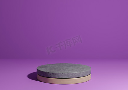 紫色讲台摄影照片_亮紫色、紫色 3D 渲染简单的产品展示、自然最小的背景以及由混凝土和木材制成的自然产品圆柱讲台架
