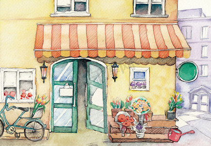 咖啡店面摄影照片_水彩高清插图：街头花店。