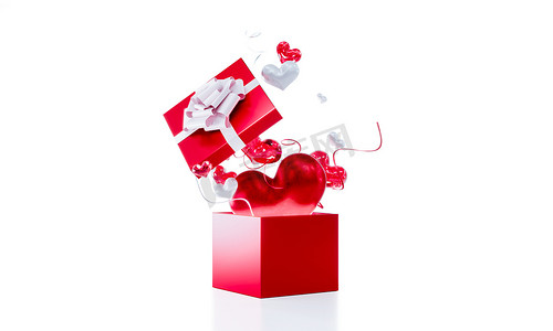带红心的惊喜礼盒打开礼盒隔离情人节设计3D渲染
