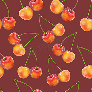 深棕色背景上的插图现实主义无缝图案浆果橙色樱桃
