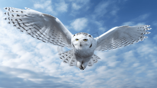 天空摄影照片_白色猫头鹰在天空中飞翔