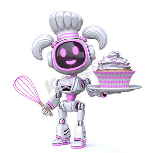 可爱的粉色女孩机器人厨师蛋糕3D