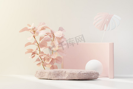 3D 渲染抽象基座讲台展示与热带树叶和珊瑚粉红色柔和的植物场景。