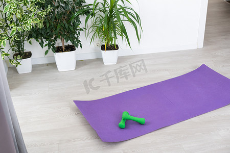 家庭训练概念、室内装饰、室内装饰运动，配有健身房健身运动紫色垫、哑铃