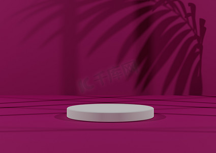 简单、最小的 3D 渲染组合，带有一个白色圆筒讲台或站在抽象阴影紫色背景上，用于产品展示。