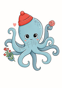 棒棒糖卡通图片摄影照片_戴着红色帽子的蓝色章鱼，配有鲜花和棒棒糖