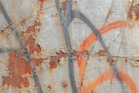 生锈的铁表面，残留有旧油漆、剥落的油漆、纹理背景