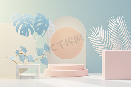 3D 渲染抽象基座讲台显示与热带树叶和蓝色柔和的植物场景。