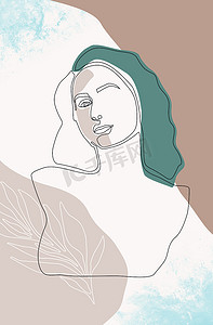 柔和背景上抽象女性肖像连续线的涂鸦画