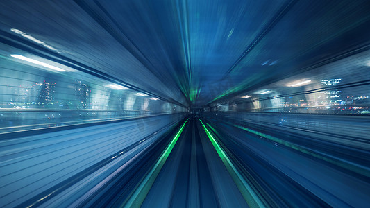 铁路车站摄影照片_日本东京隧道内自动列车的运动模糊。