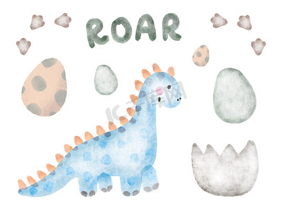 一套幼稚的恐龙，可爱的水彩婴儿插画