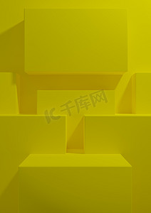 几何黄摄影照片_明亮的霓虹黄色 3D 渲染产品展示背景简单、简约、几何壁纸，配有讲台支架，用于产品摄影或广告演示模板