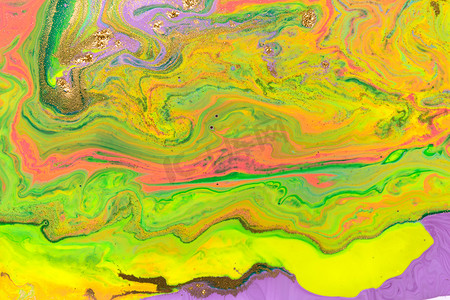 抽象的绿色、黄色和紫色波浪混合墨水纹理。
