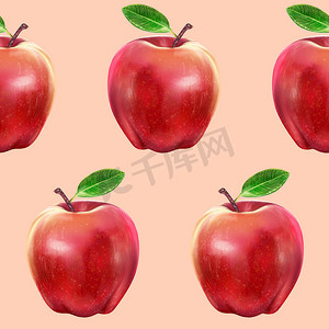 浅粉色背景上的插图现实主义无缝图案水果苹果红色