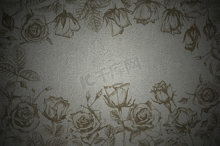 美术天然混凝土纹理与手绘玫瑰花覆盖。