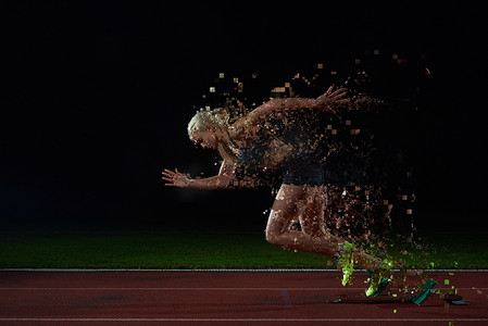女子短跑运动员离开起跑器的像素化设计