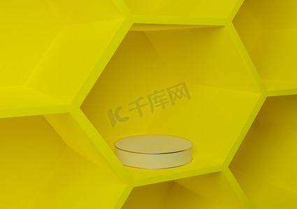 明亮、霓虹黄色 3D 渲染产品展示蜂窝图案抽象背景，用于产品摄影自然、几何、简单模板圆柱平台讲台或支架