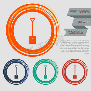 铲子图标摄影照片_为您的网站提供红色、蓝色、绿色、橙色按钮上的铲子图标，并使用空间文本进行设计。