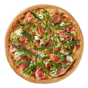 皮诺利披萨的顶视图，配有奶酪和奶油酱、马苏里拉奶酪、火腿、戈贡佐拉、梨、松子和芝麻菜