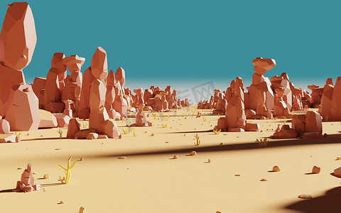 卡通岩石与沙漠，3D 渲染。