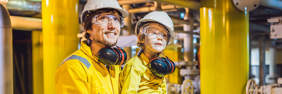 横幅，长格式年轻人和一个小男孩都穿着黄色工作服、眼镜和头盔，在工业环境、石油平台或液化天然气厂