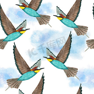 水彩无缝手绘图案与森林林地中的野生翠鸟食蜂鸟。