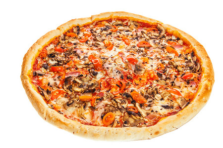 传统经典摄影照片_美味的经典意大利披萨 Carbonara，配火腿、西红柿、蘑菇和奶酪