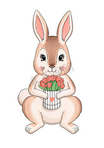 可爱手绘小兔子摄影照片_可爱的小兔子带着一盒花