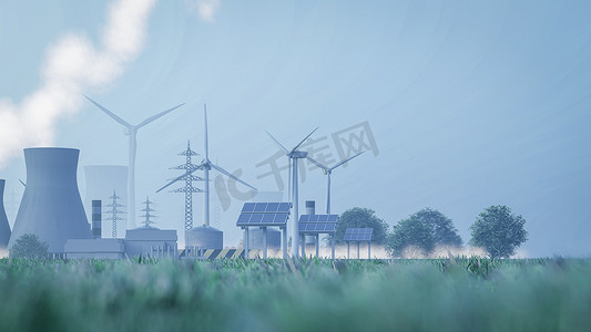 风力涡轮机可持续能源的 3d 渲染插图
