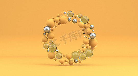 银手镯摄影照片_由黄色、玻璃和银色珍珠 3D 制成的圆圈