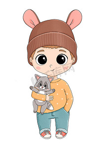 可爱的手绘兔子摄影照片_戴着兔子帽、带着浣熊玩具的可爱小男孩