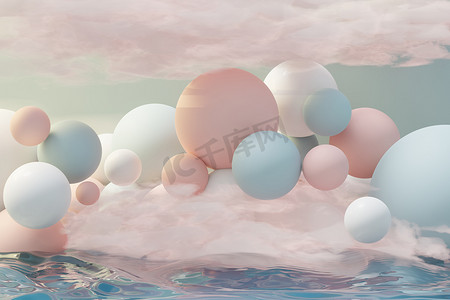 海洋模糊摄影照片_3D 渲染柔和的球、肥皂泡、漂浮在空中的蓬松云彩和海洋的斑点。