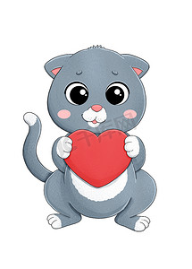 灰猫手绘摄影照片_可爱的小灰猫，红心