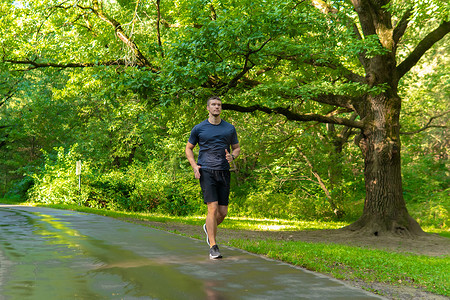一名男子运动员在公园户外跑步，周围是森林，橡树绿草，年轻持久的运动员运动员健身腿慢跑，树木男子。