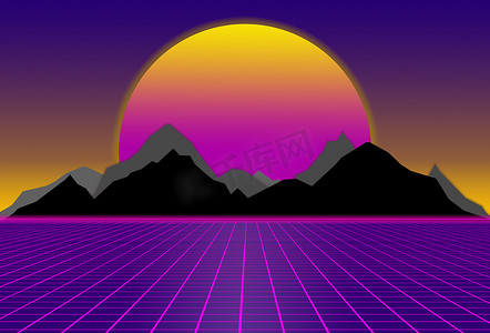 80 年代风格的科幻，紫色背景，黑色和灰色山脉后面的日落。