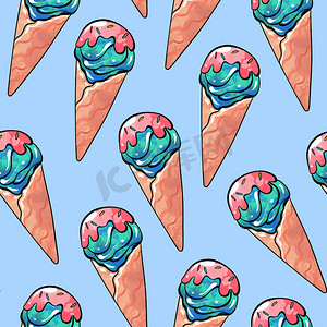 樱桃冰淇淋图案摄影照片_浅蓝色背景上带有水果浆果味的华夫饼杯中蓝红冰淇淋的无缝光栅图案