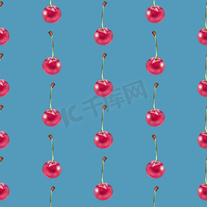 蓝色背景上的插图现实主义无缝图案浆果红樱桃