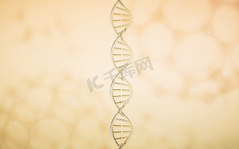 DNA 基因组结构有黄色背景，3D 渲染。