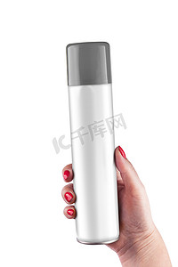 有塑料盖的铝喷雾罐在手白色背景