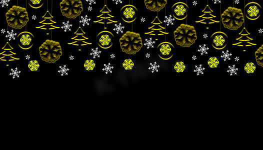 黑色圣诞背景，金色挂饰和雪花