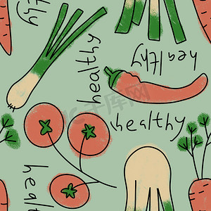 蔬菜手绘手绘摄影照片_手绘无缝图案与蔬菜素食素食设计。