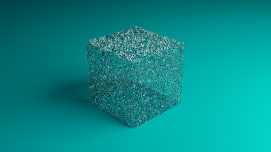 爆炸小碎片摄影照片_破裂的玻璃立方体爆炸成小碎片 — 插图，3D 渲染