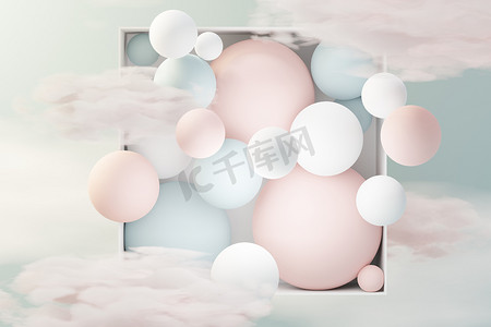 3D 渲染柔和的球、肥皂泡、漂浮在空中的蓬松云彩和海洋的斑点。