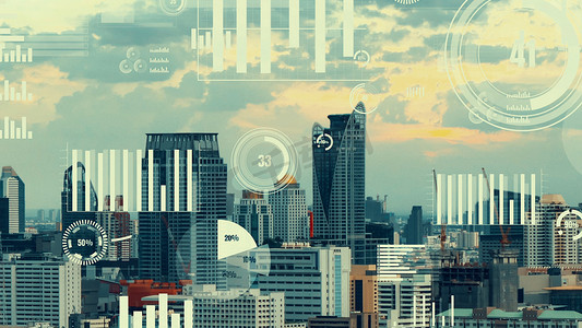 未来科技城市摄影照片_业务数据分析界面飞越智慧城市，显示改变的未来