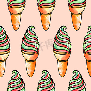 米色背景上带有水果和奶油味的华夫饼杯中红绿冰淇淋的无缝光栅图案