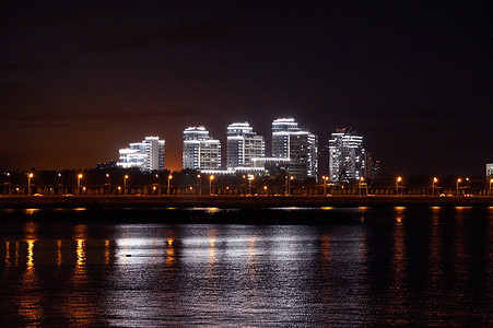 模糊的照片，夜间城市灯光反射在水中，城市全景