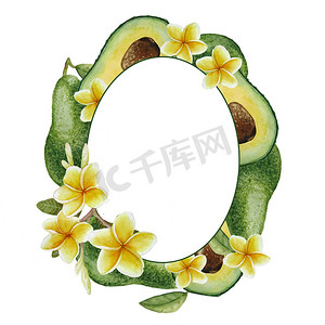 手绘水彩椭圆形圆形框架模板与绿色健康热带鳄梨水果。