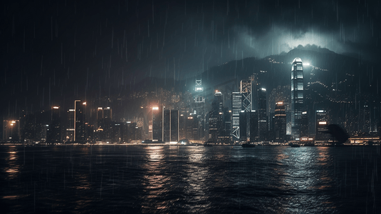 维多利亚港摄影照片_雨中香港