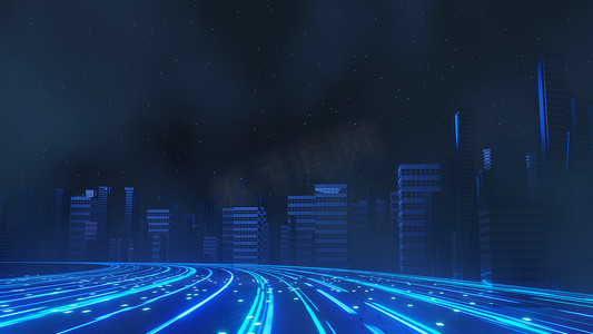 网络朋克夜城市景观概念的 3D 渲染。
